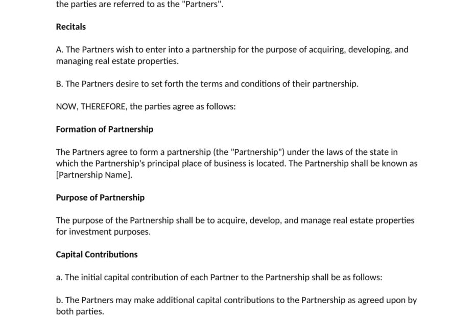 Free Printable Real Estate Partnership Agreement Templates PDF Checklist