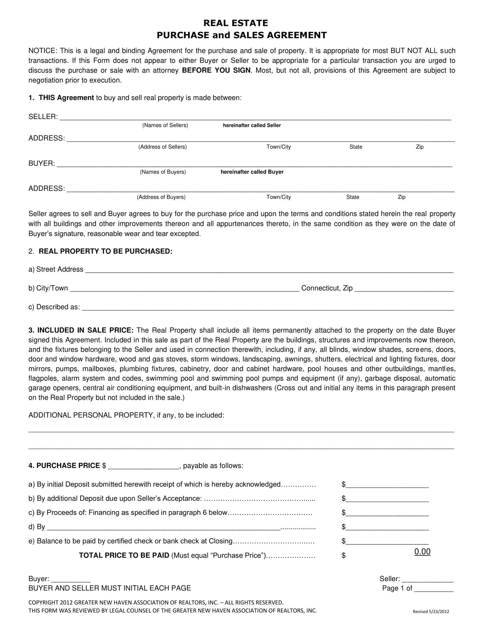 Free Printable Real Estate Purchase Agreement Templates Word PDF 