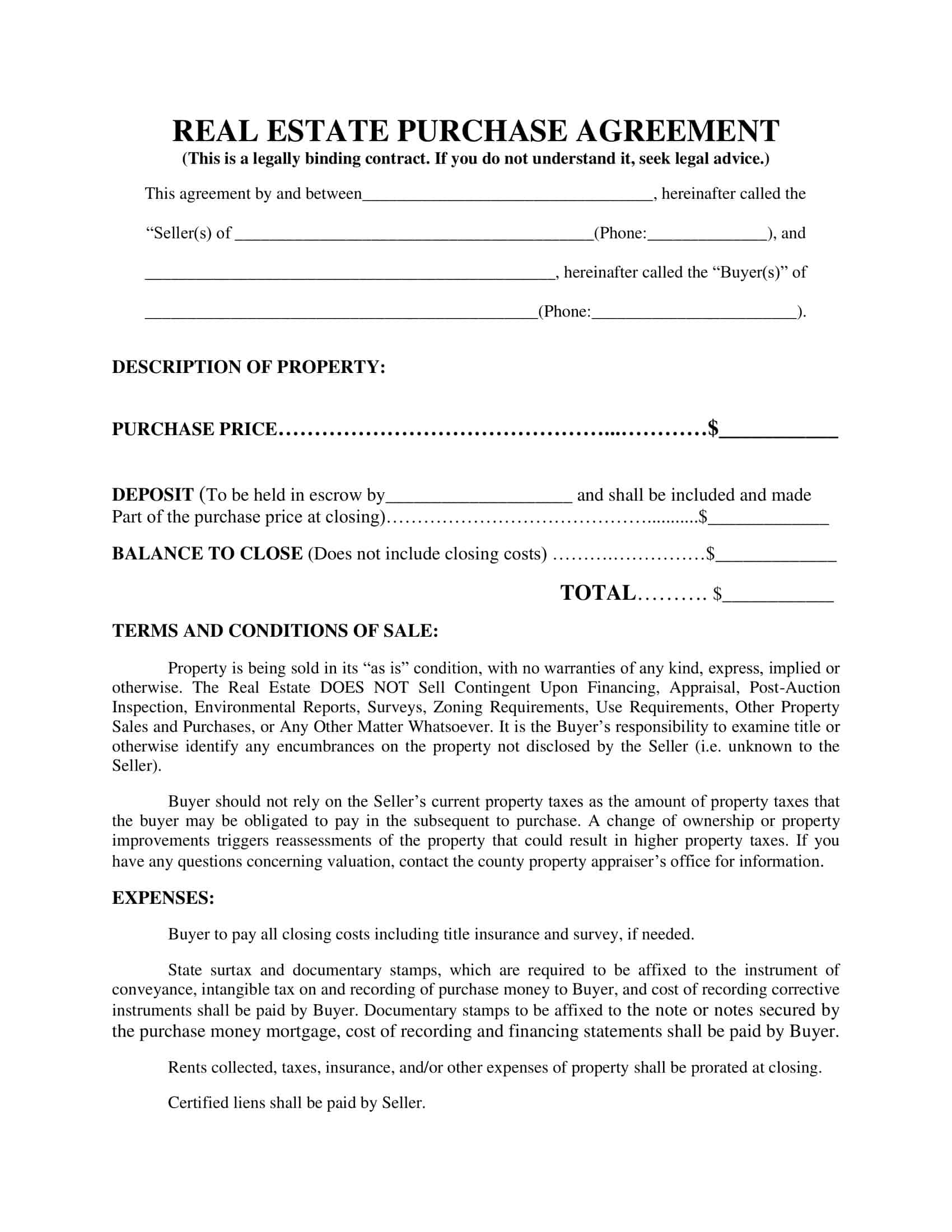 Free Printable Real Estate Purchase Agreement Templates Word PDF 