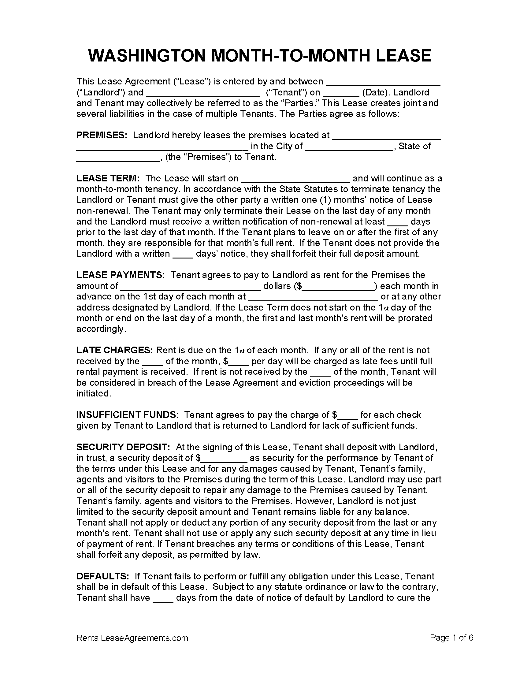 Free Printable Rental Agreement Washington State