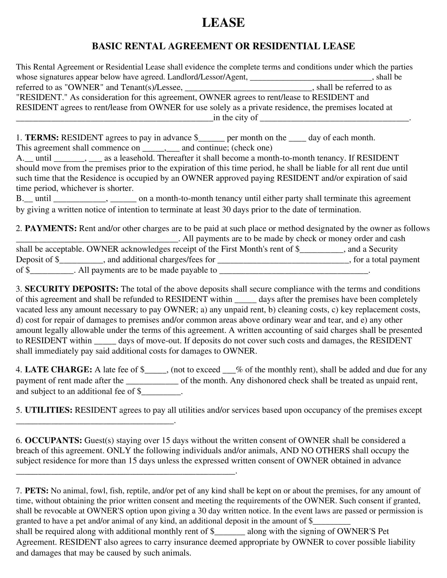 Free Printable Residential Lease Agreement Templates PDF Excel 