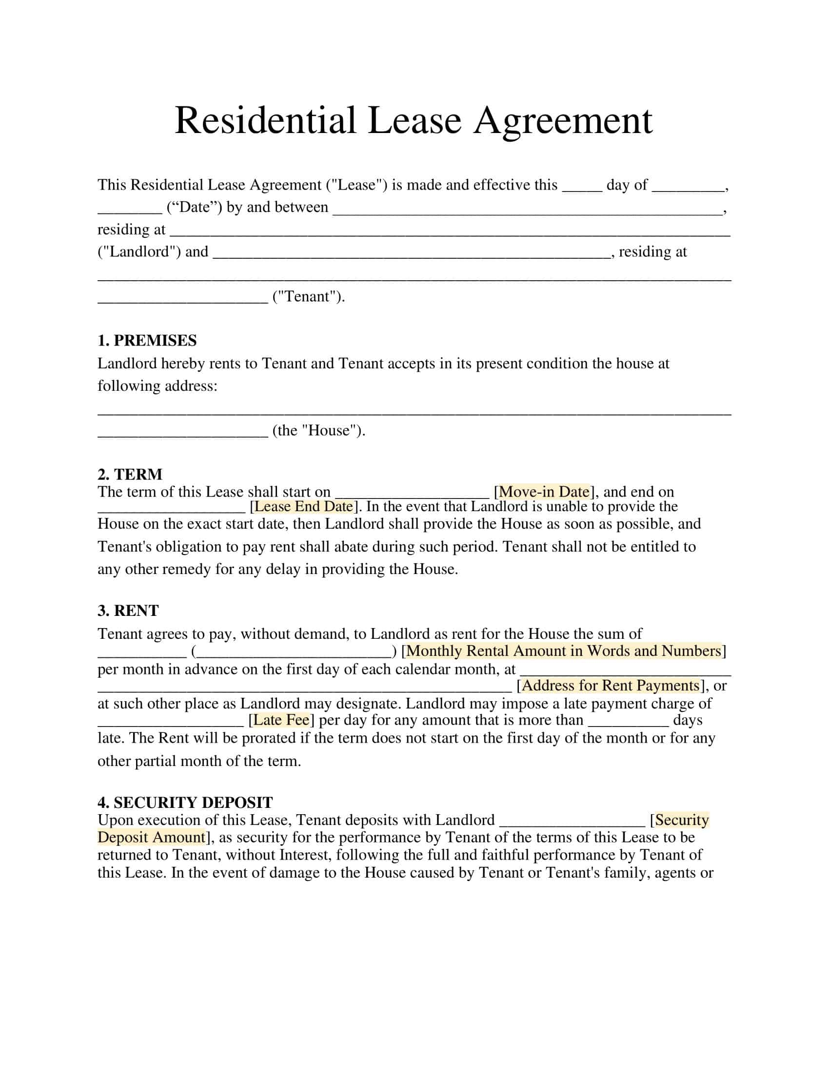 Free Printable Residential Lease Agreement Templates PDF Excel 
