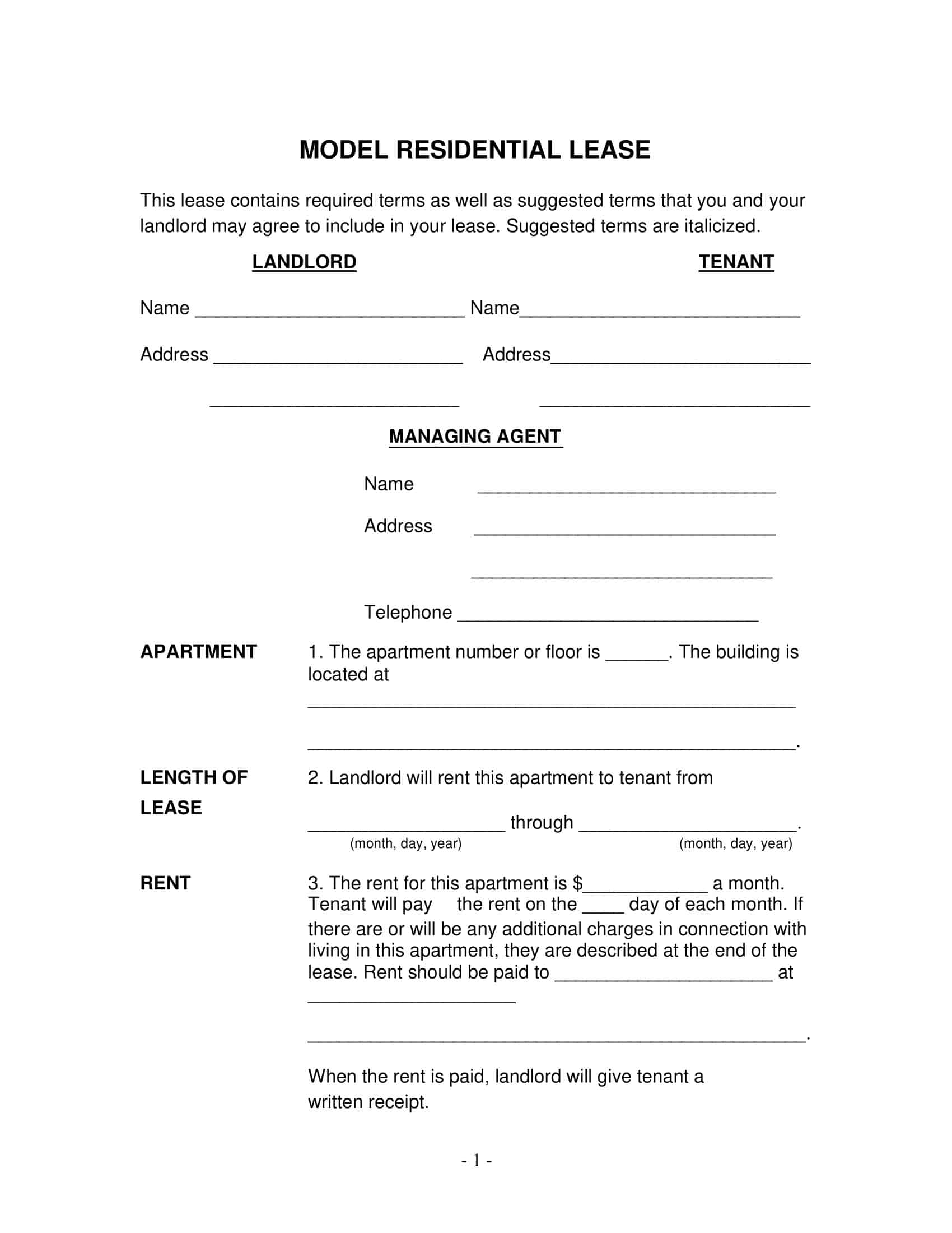 Free Printable Residential Lease Agreement Templates PDF Excel 