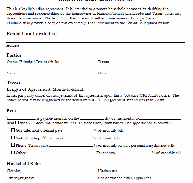 Free Printable Room Rental Agreement