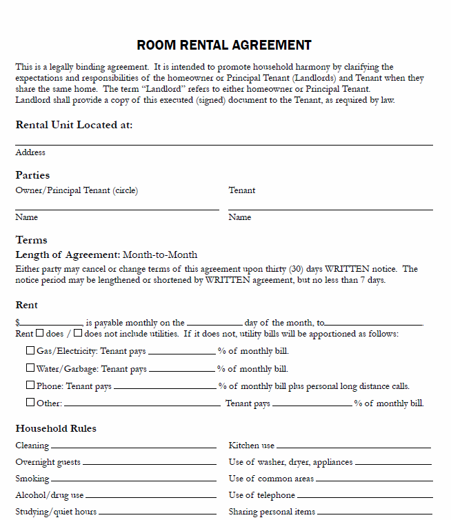 Free Printable Room Rental Agreement