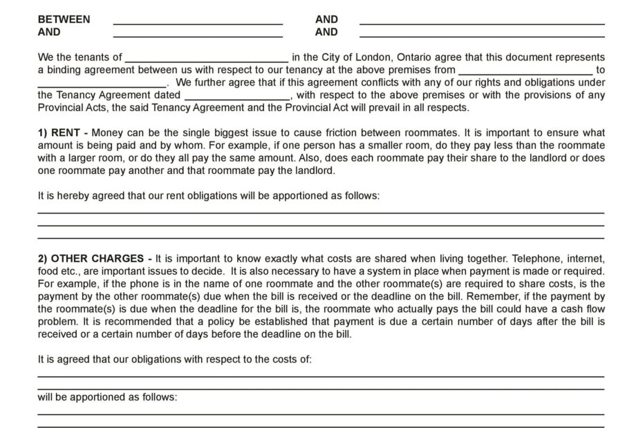 Free Printable Roommate Agreement Template
