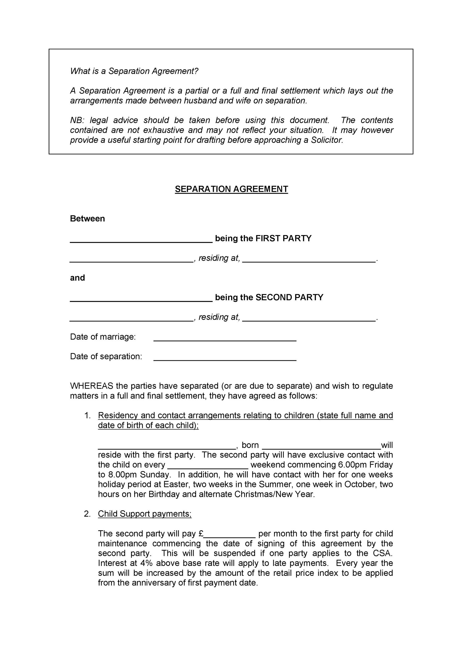 Free Printable Separation Agreement Template Printable Free Templates 