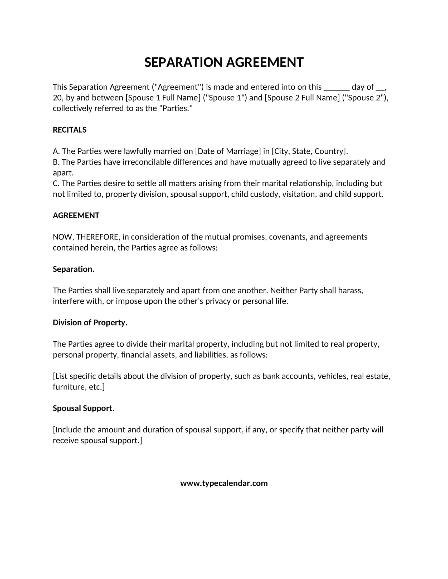 Free Printable Separation Agreement Templates PDF Word 