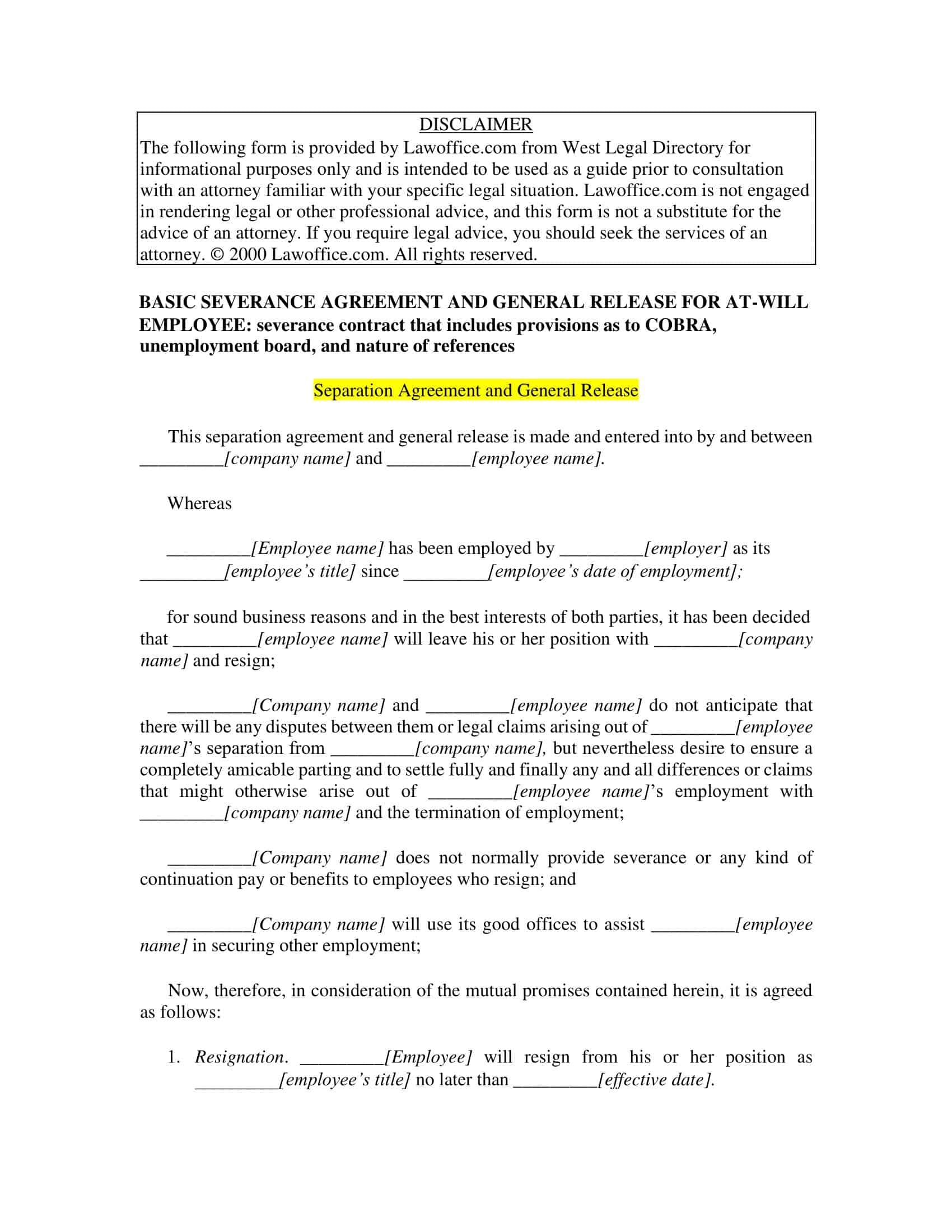 Free Printable Separation Agreement Templates PDF Word 
