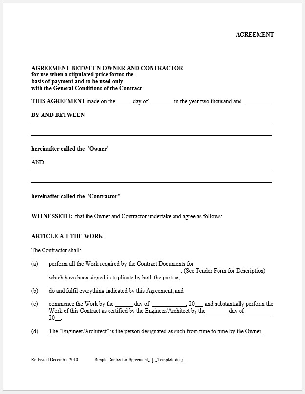  Free Printable Simple Contractor Agreement Template