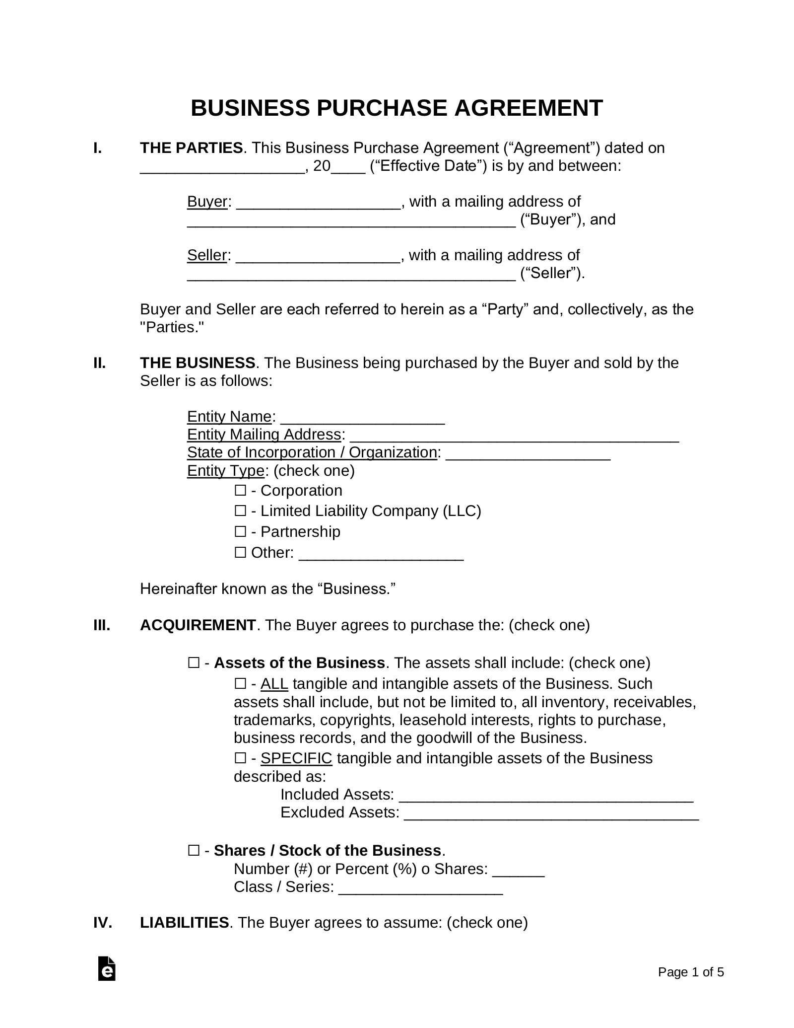 Free Printable Simple Purchase Agreement Pdf