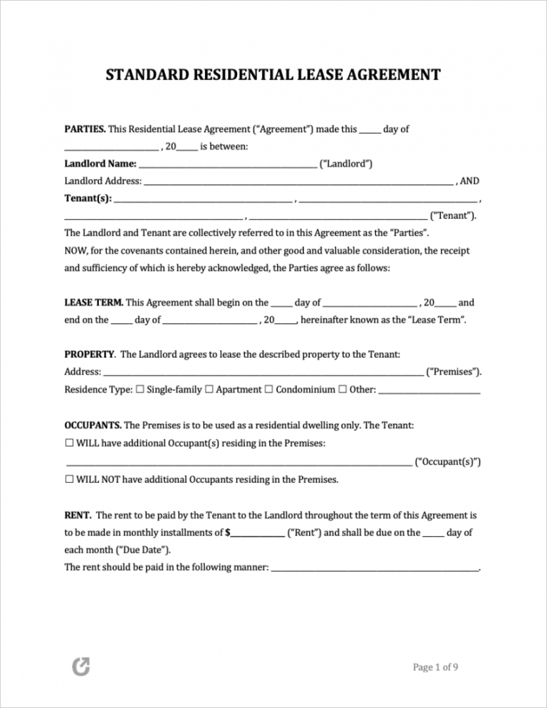Free Printable Standard Lease Agreement