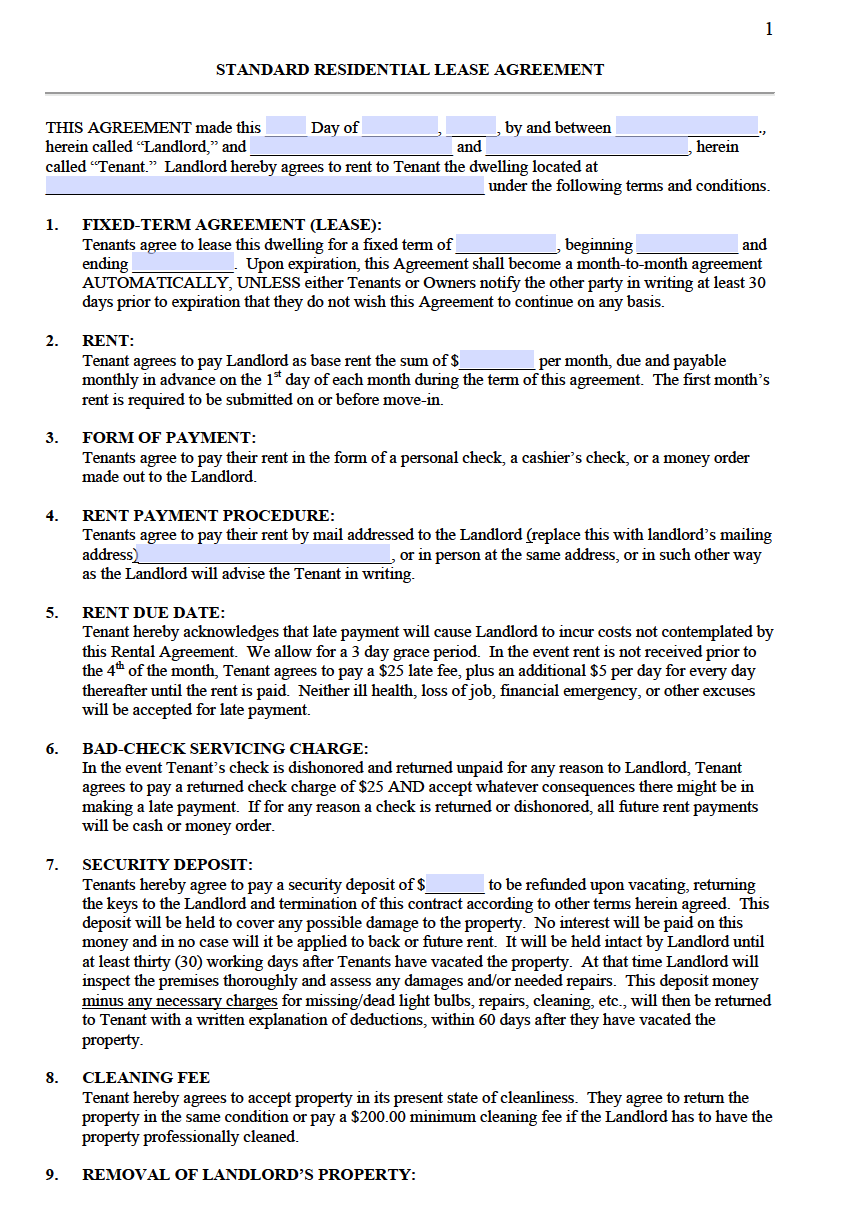 FREE Printable Standard Lease Agreement Printable Lease Agreement