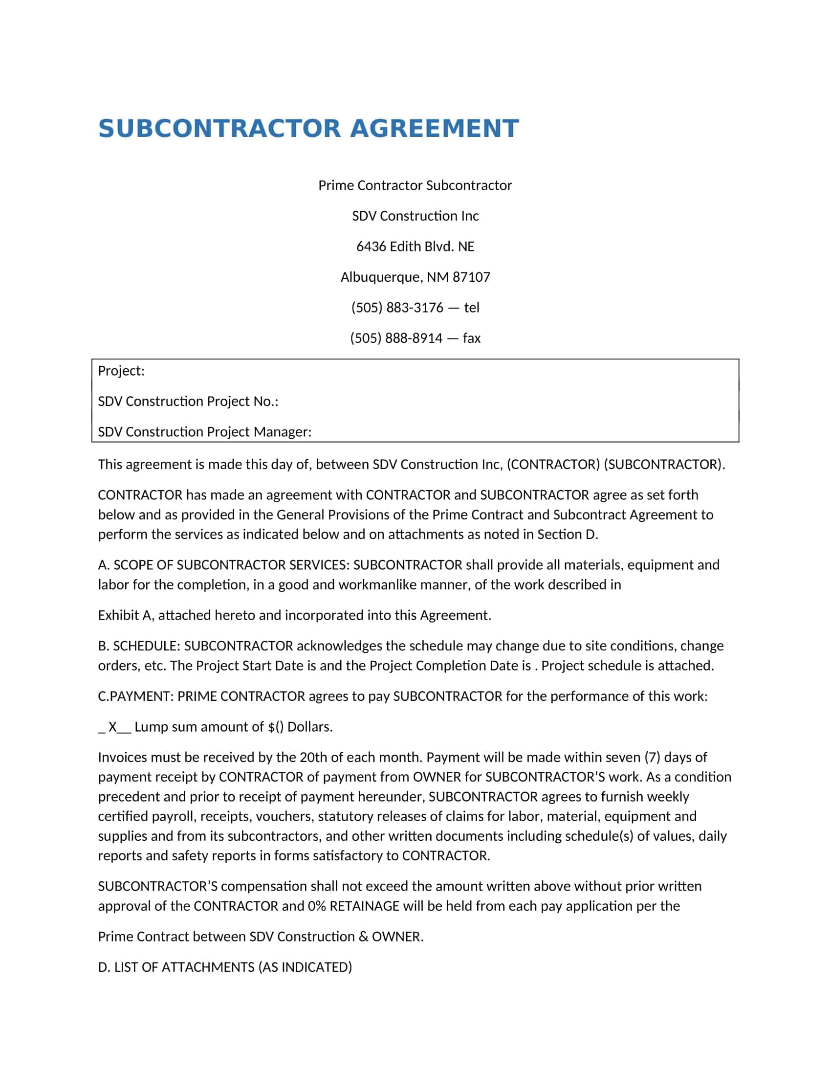 Free Printable Subcontractor Agreement Templates PDF Word 