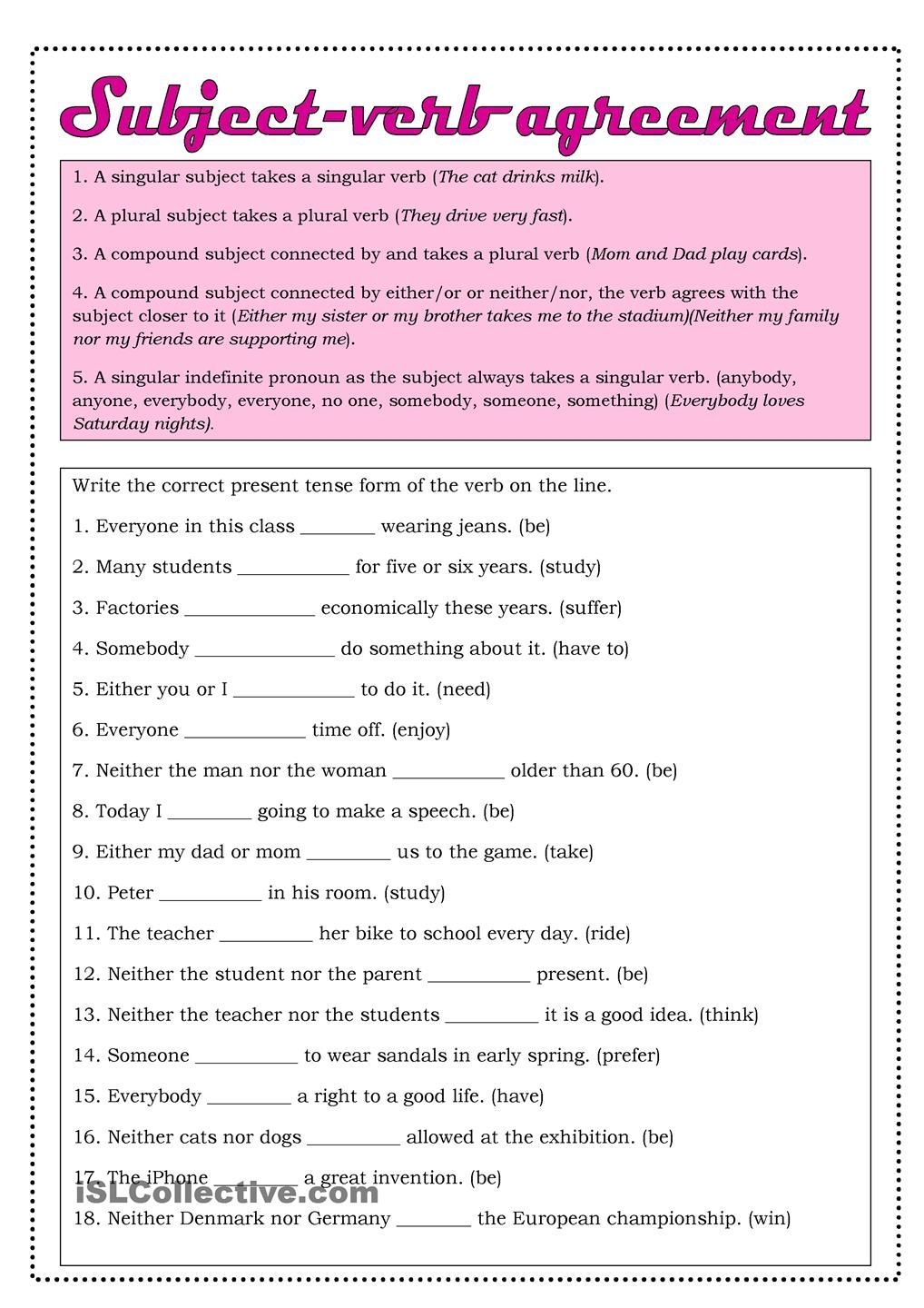 Free Printable Subject Verb Agreement Worksheets Printable Templates