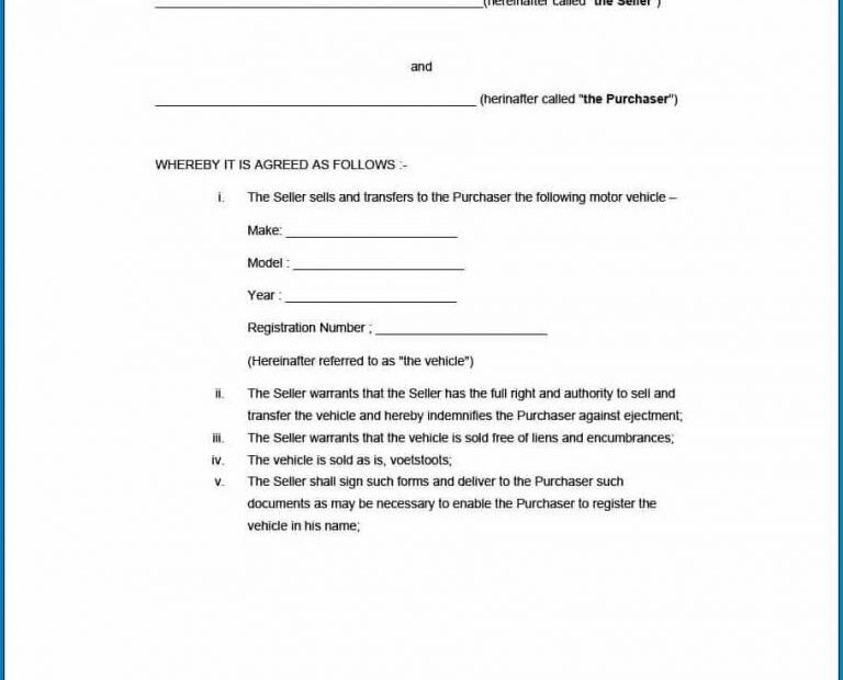 Free Printable Used Car Sales Agreement Template