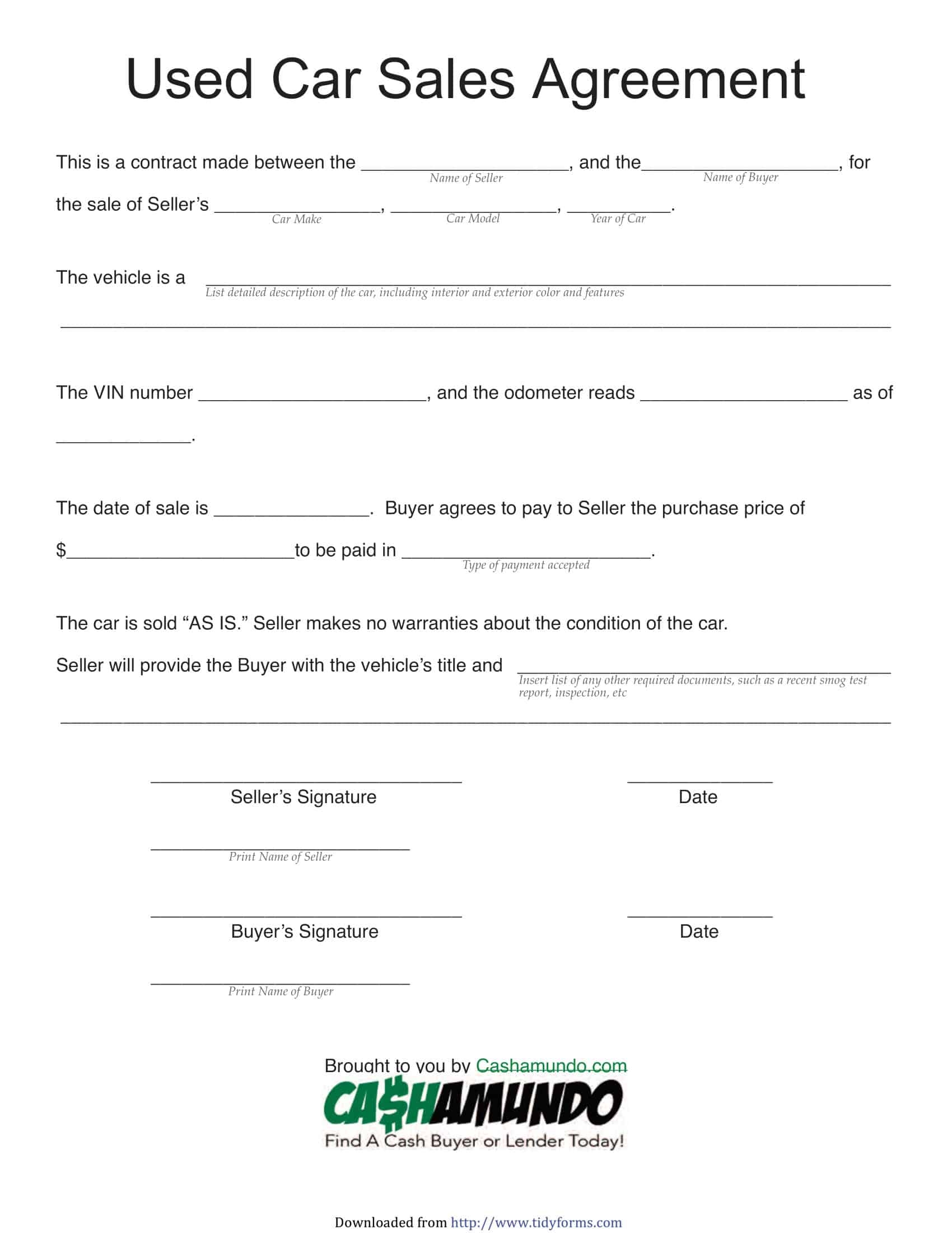Free Printable Vehicle Purchase Agreement Templates PDF Word 