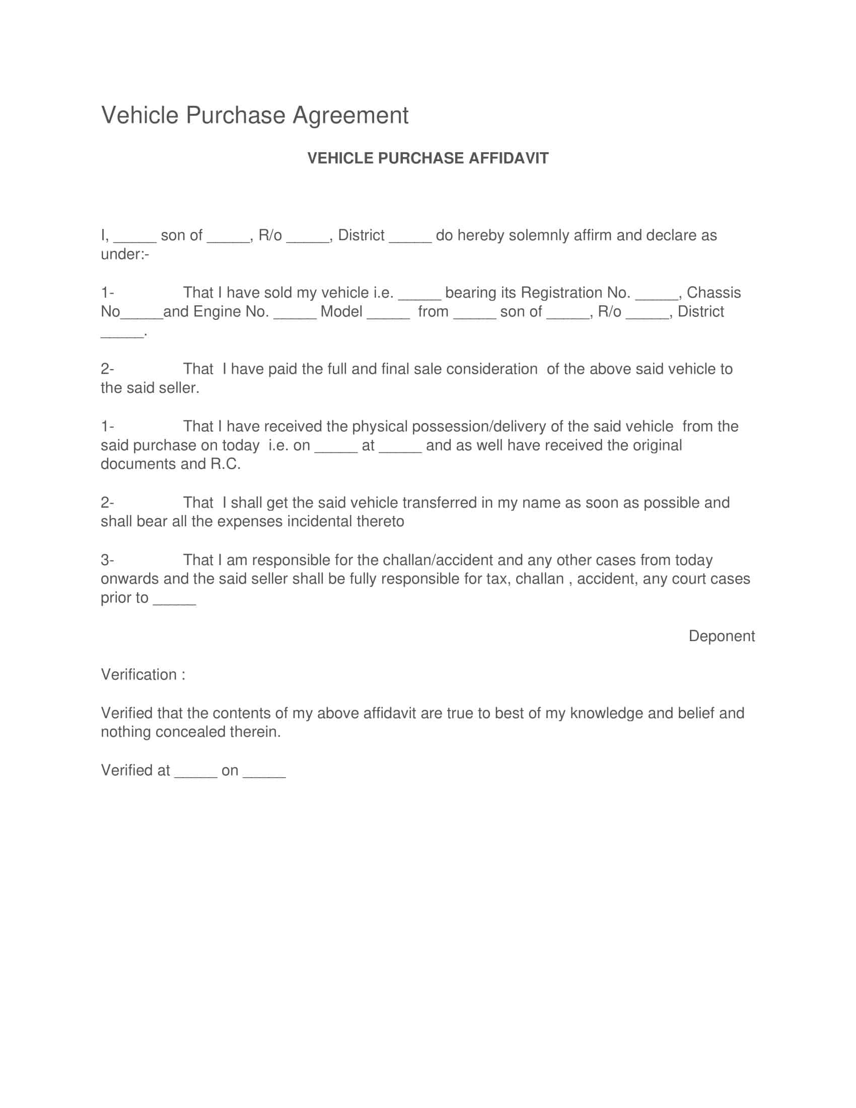 Free Printable Vehicle Purchase Agreement Templates PDF Word 