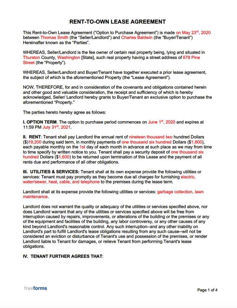 Free Rent To Own Lease Agreement Template PDF WORD