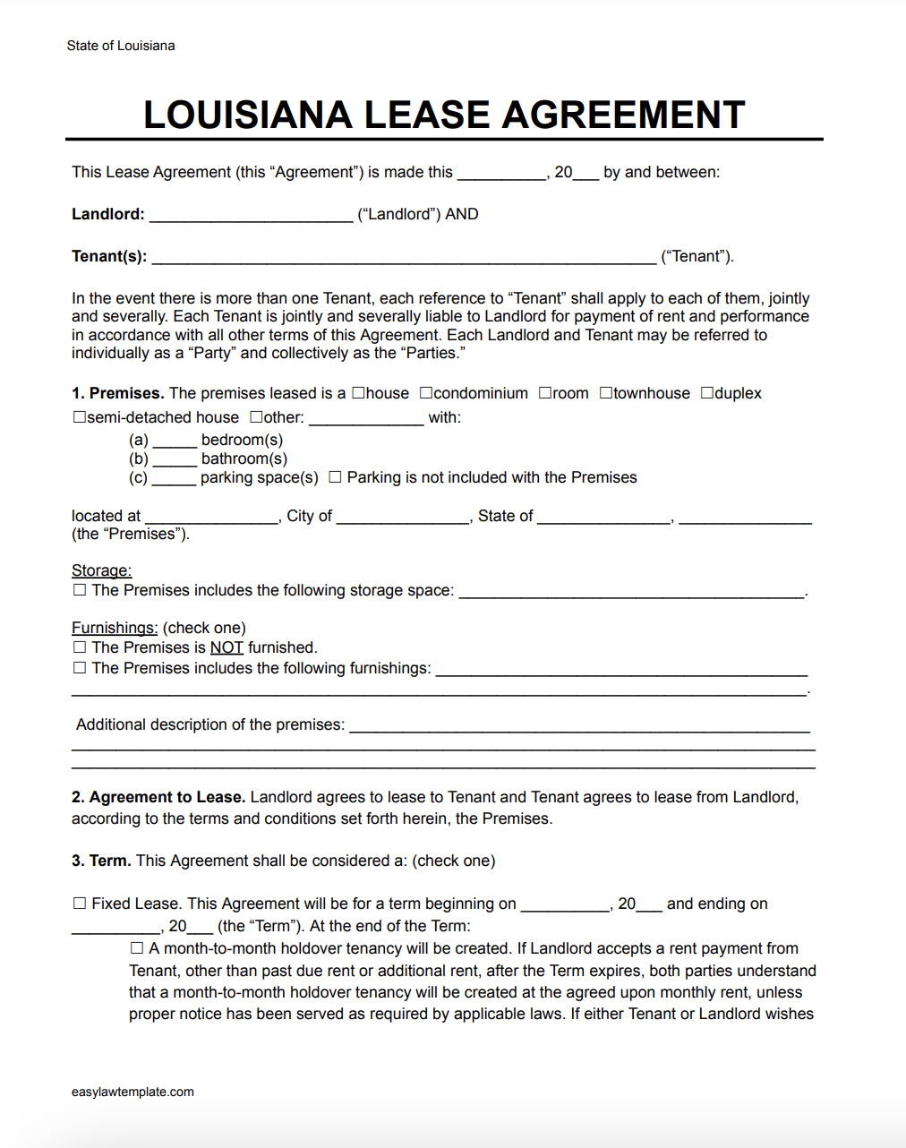 Free Rental And Lease Agreement Templates Louisiana PDF Word