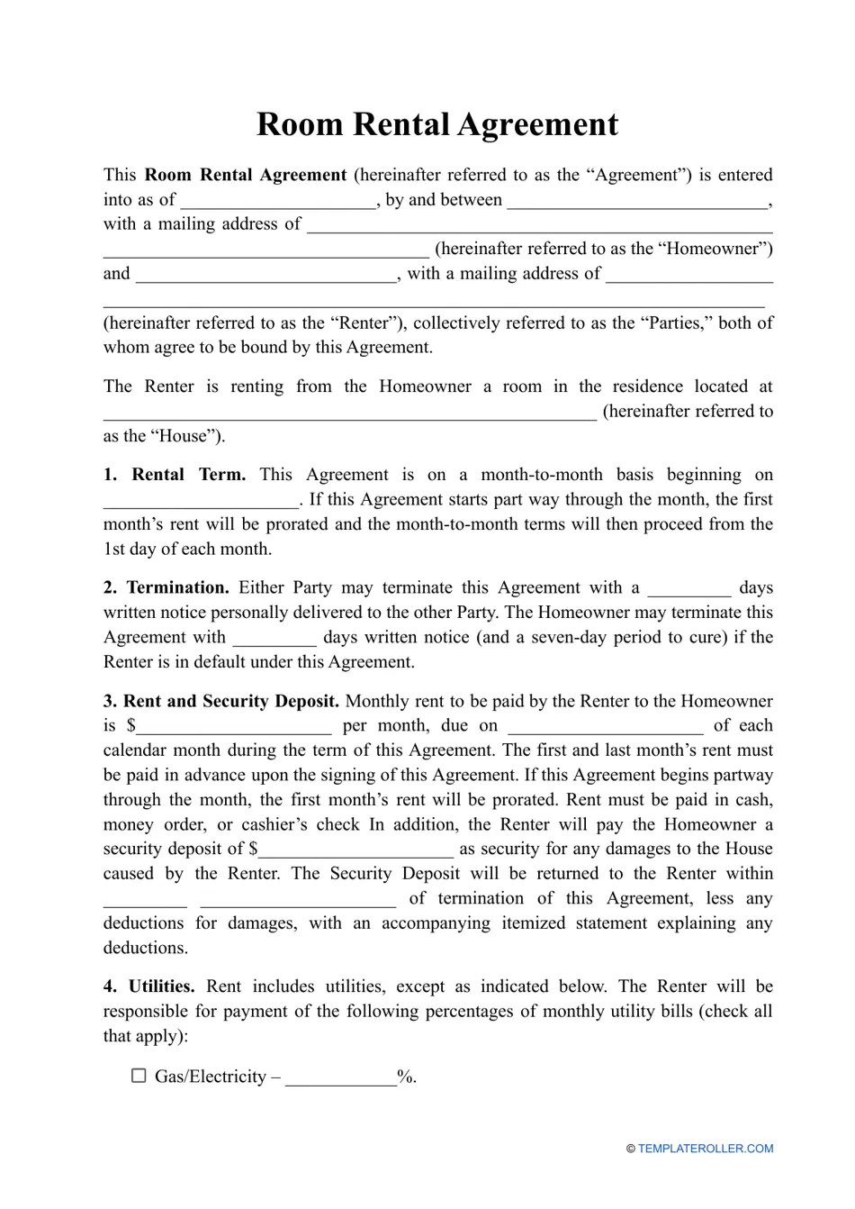 Free Room Rental Agreement Template Printable And Enjoyable Learning