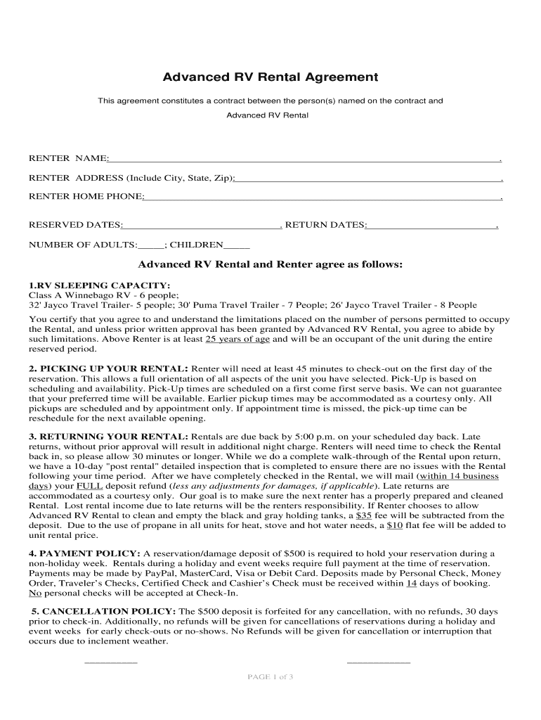 Free Rv Rental Agreement Template
