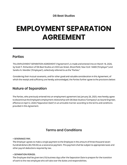 Free Sample Employee Separation Agreement Template Google Docs Word 