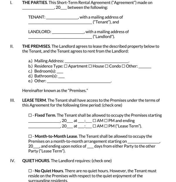 Free Short Term Rental Agreement Templates Word PDF