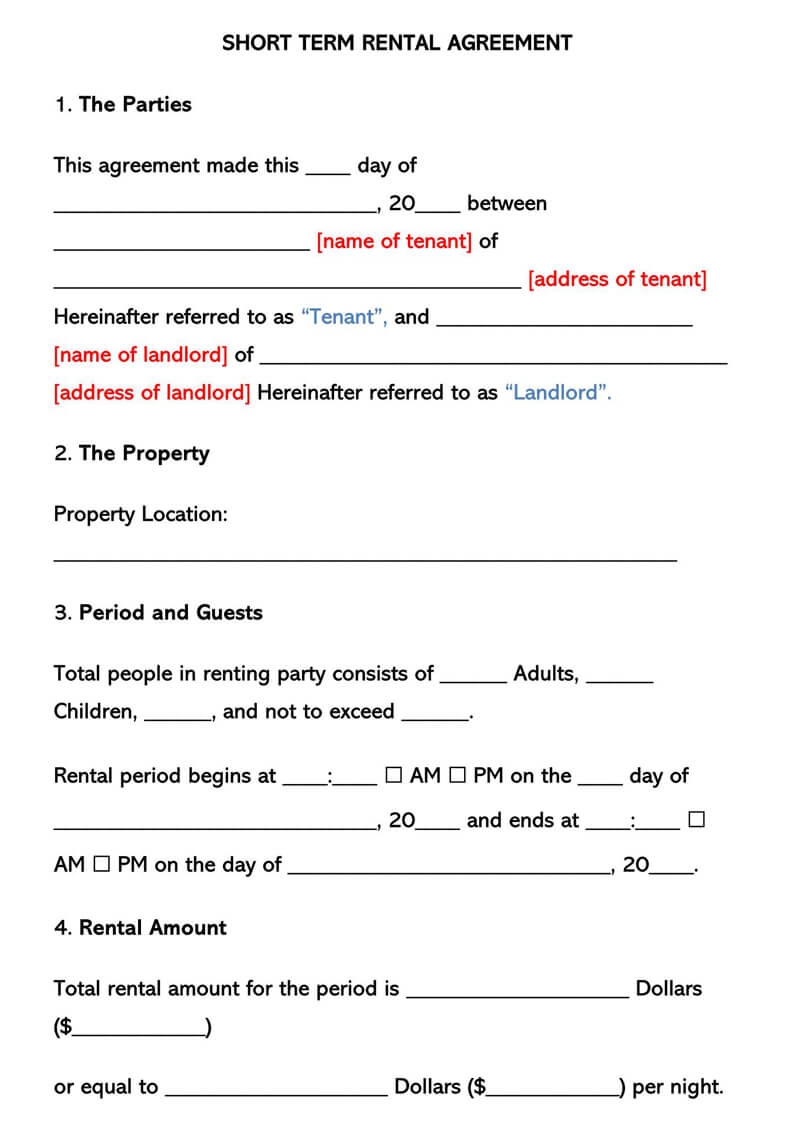 Free Short Term Vacation Rental Agreement Templates