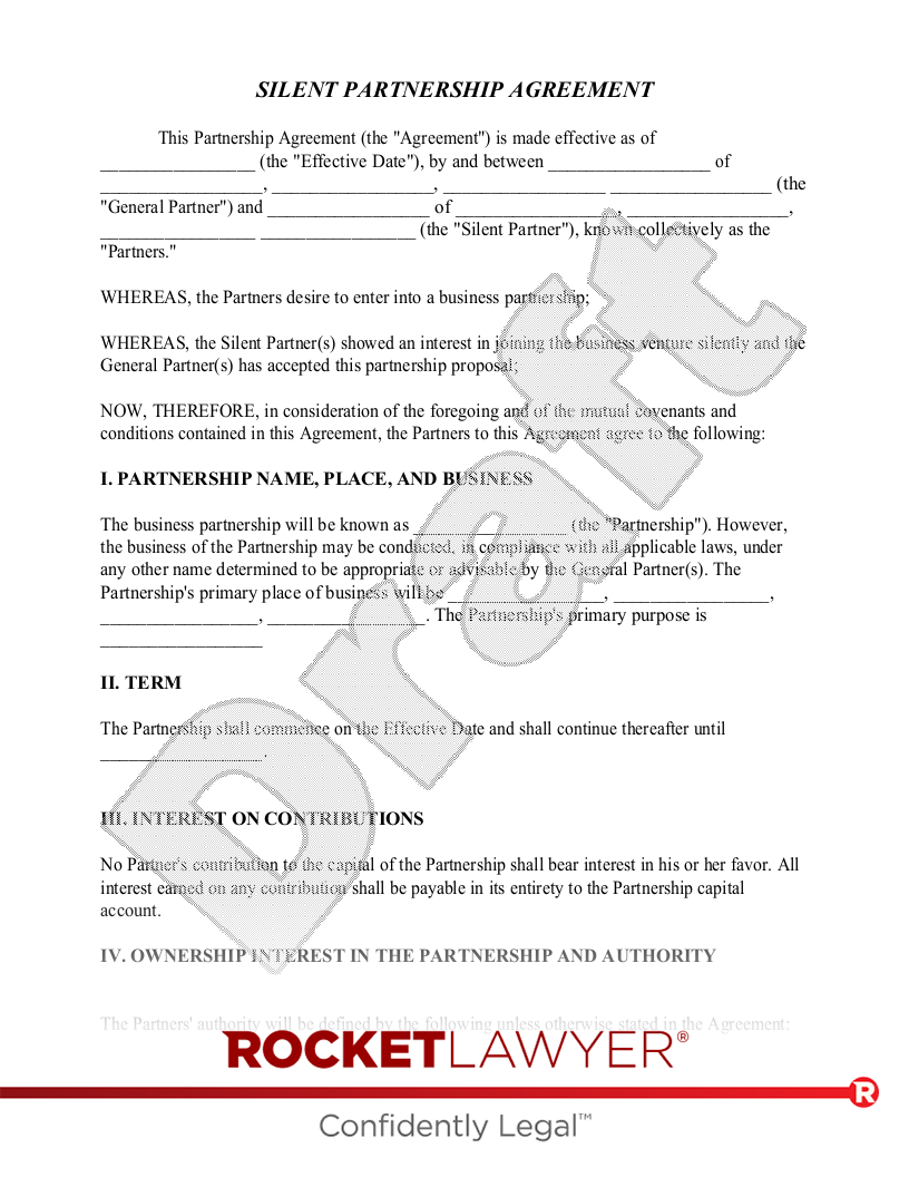 Free Silent Partnership Agreement Rocket Lawyer