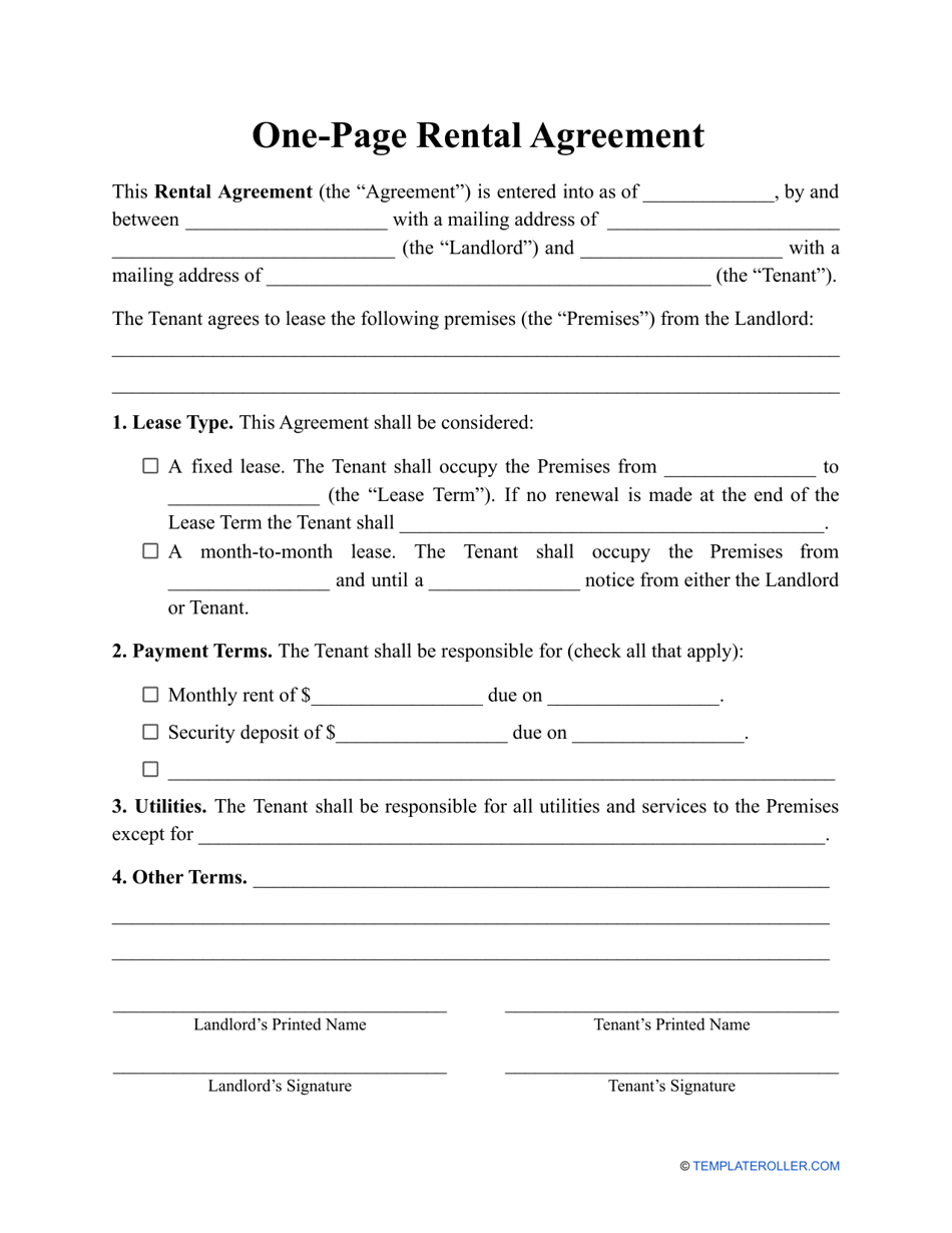 Free Simple 1 Page Lease Agreement Template Sample Pdf Word Eforms 