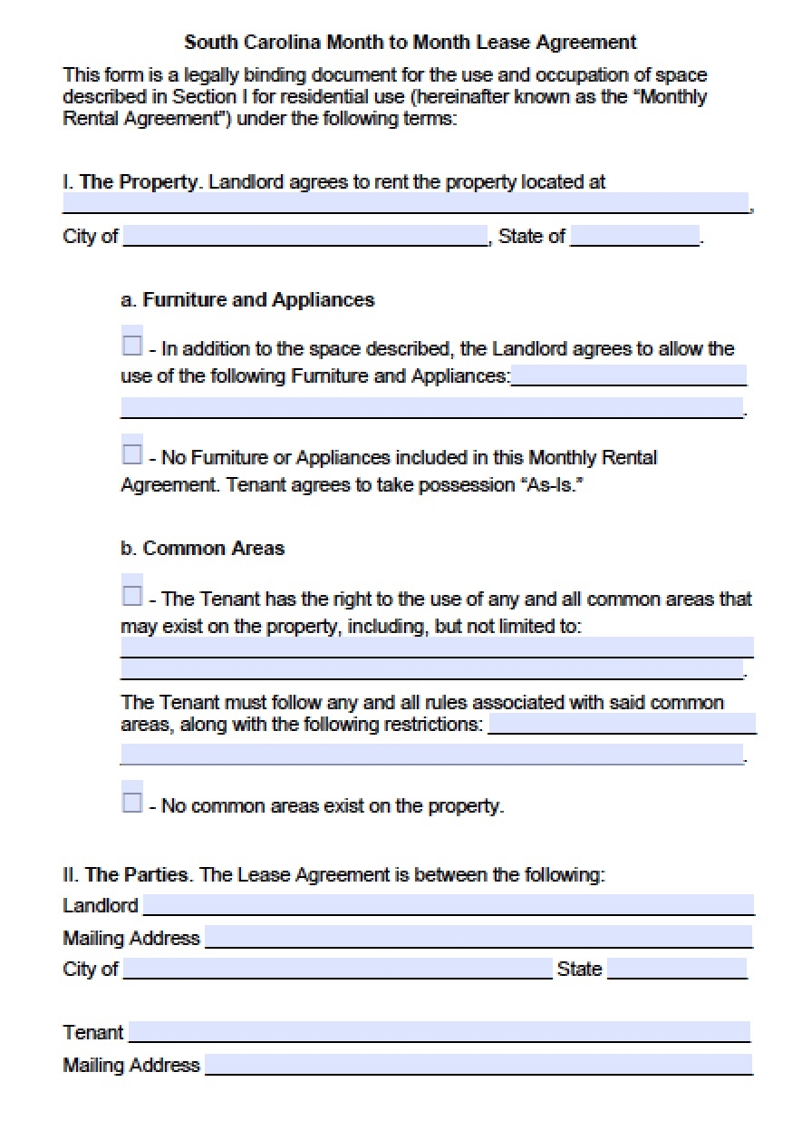Free South Carolina Rental Lease Agreement Templates PDF Word