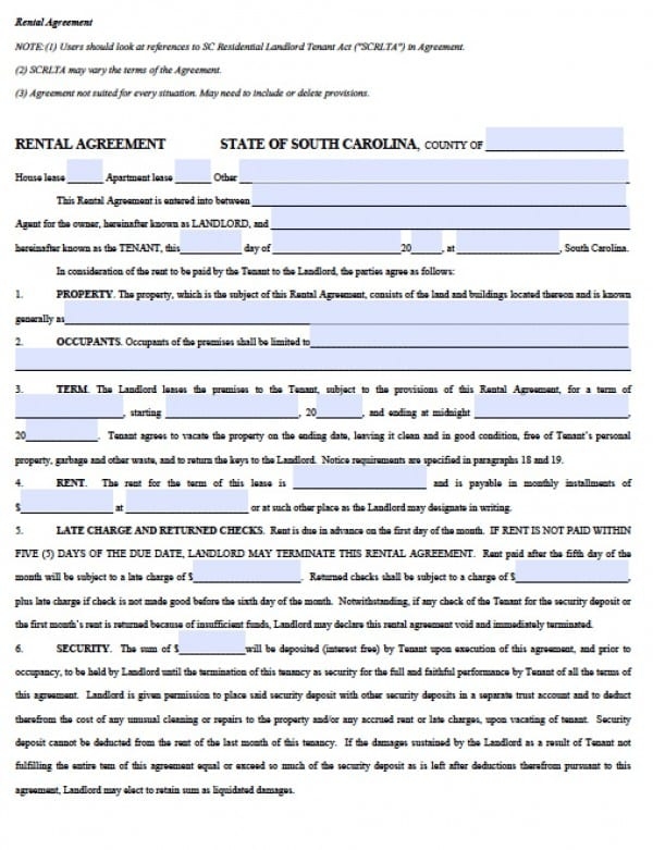 Free South Carolina Residential Lease Agreement PDF Word doc 
