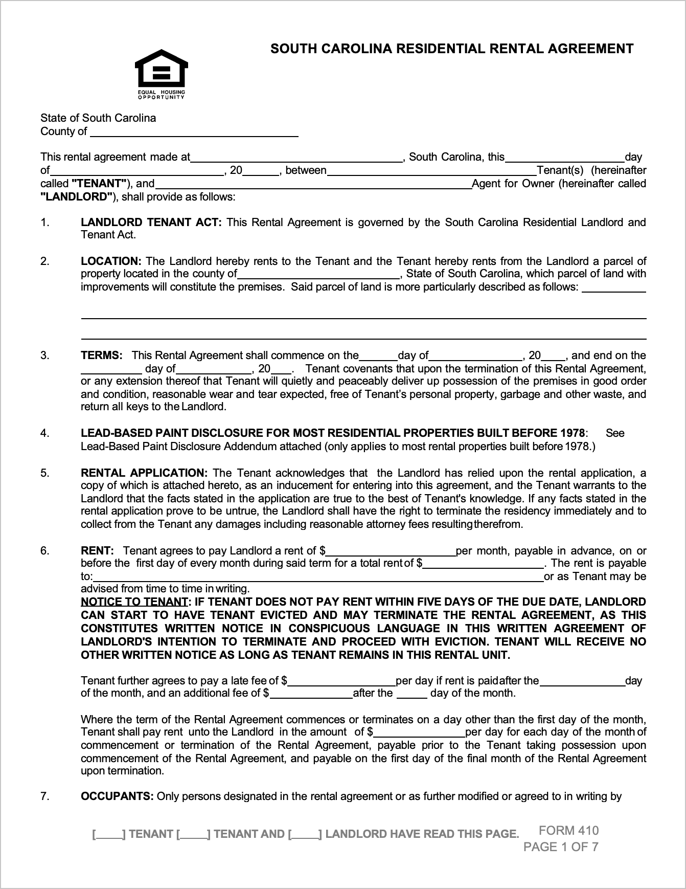 Free South Carolina Residential Rental Agreement PDF WORD