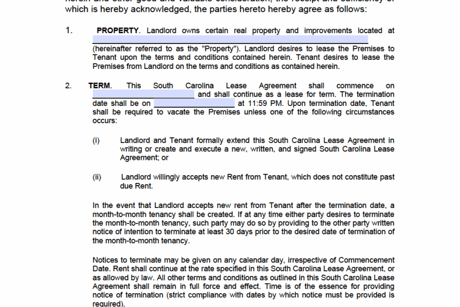 Free South Carolina Standard Residential Lease Agreement Template PDF