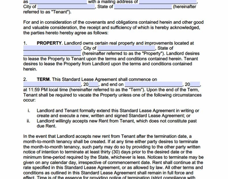 Free Standard Residential Lease Agreement Template PDF WORD