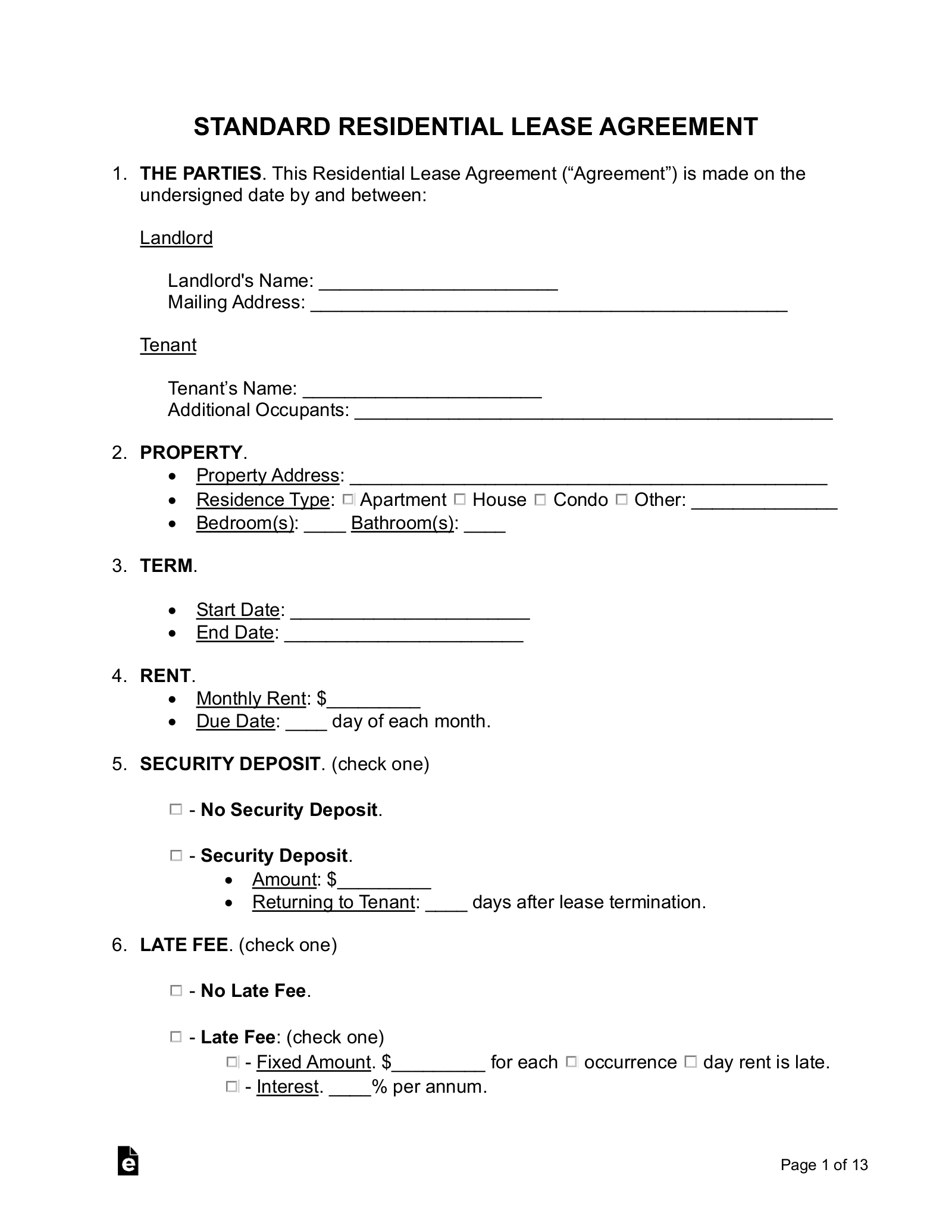 Free Standard Residential Lease Agreement Template PDF Word EForms