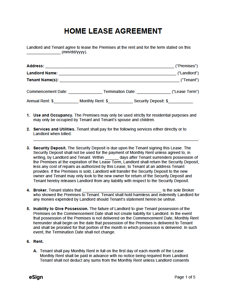 Free Standard Residential Lease Agreement Template PDF Word