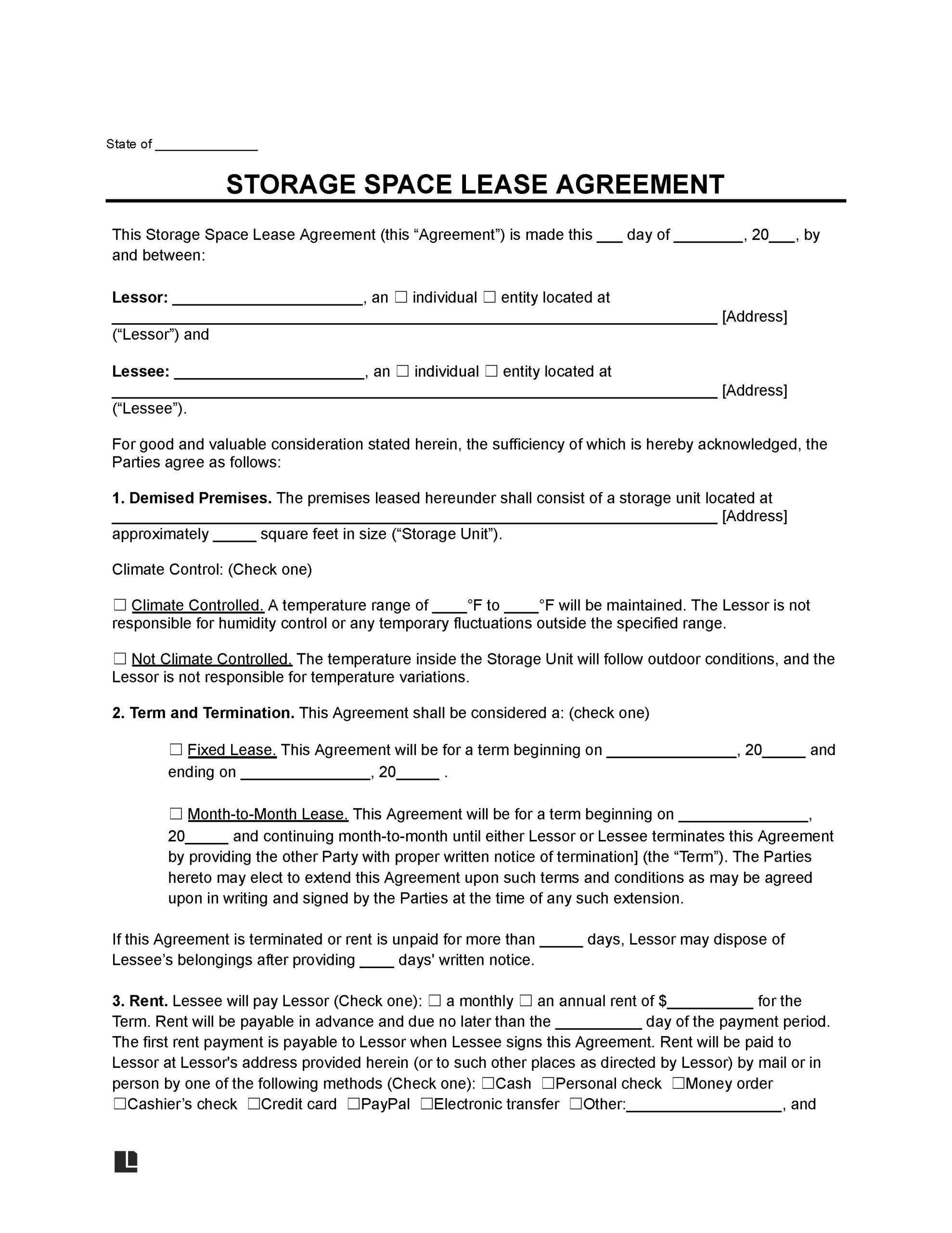 Free Storage Rental Agreement Template PDF Word