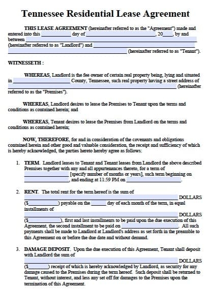 Free Tennessee Residential Lease Agreement Form PDF Template
