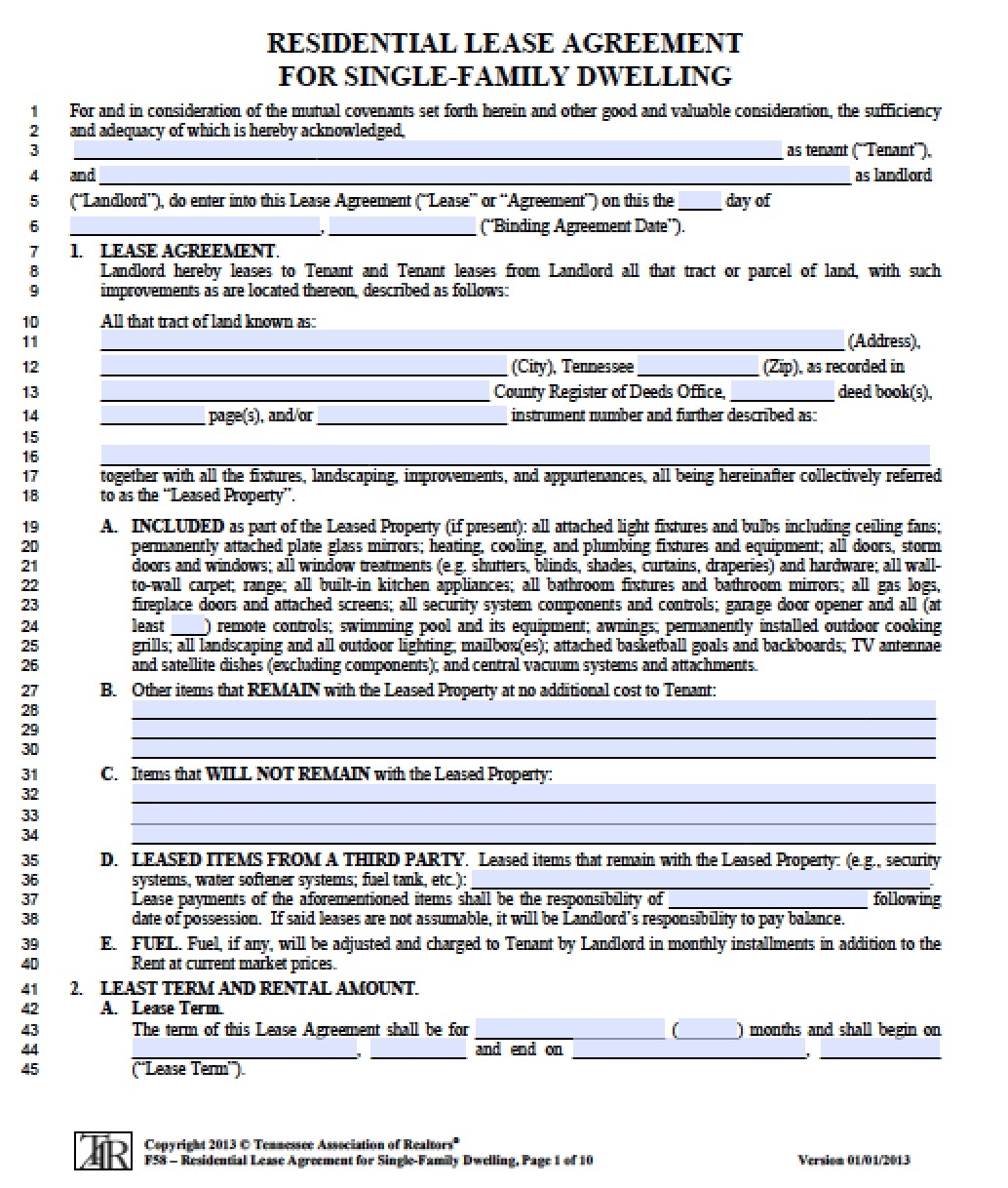 Free Tennessee Standard Residential Lease Agreement PDF Word doc 