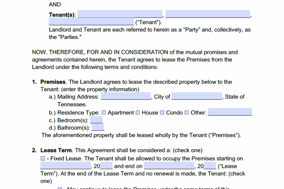 Free Tennessee Standard Residential Lease Agreement Template PDF WORD