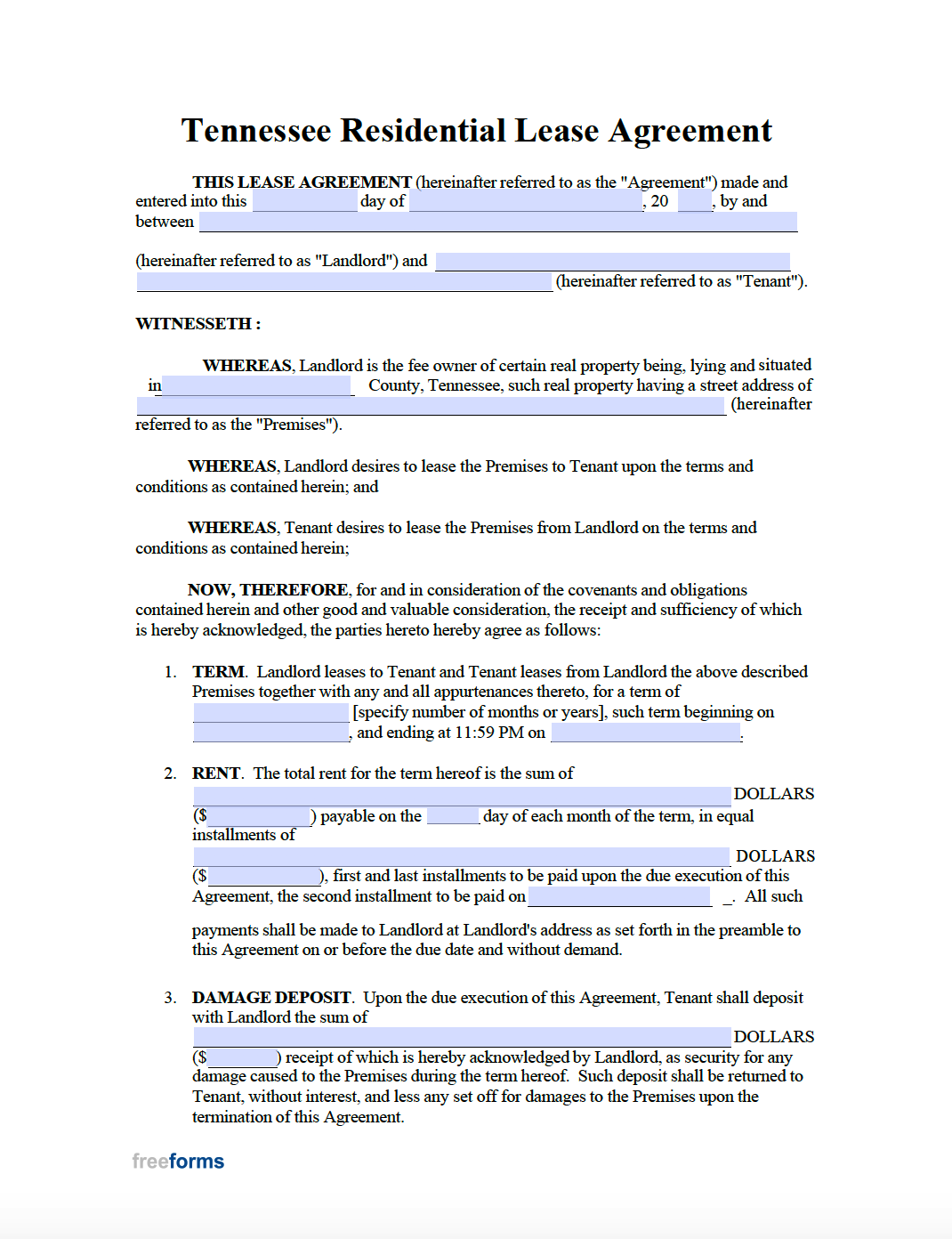 Free Tennessee Standard Residential Lease Agreement Template PDF WORD