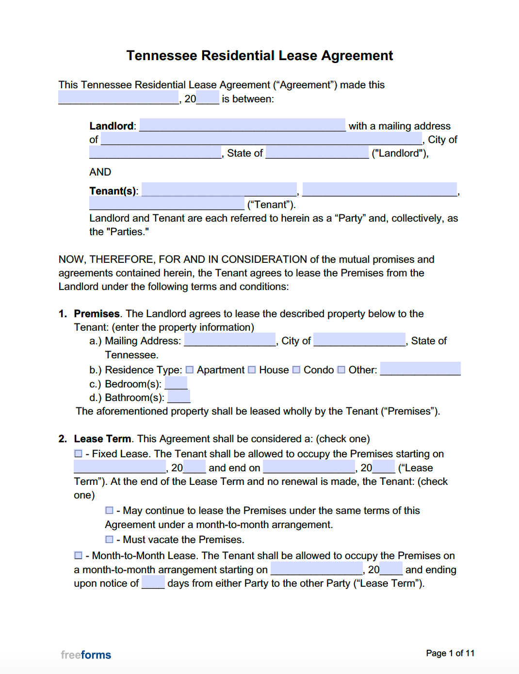Free Tennessee Standard Residential Lease Agreement Template PDF WORD
