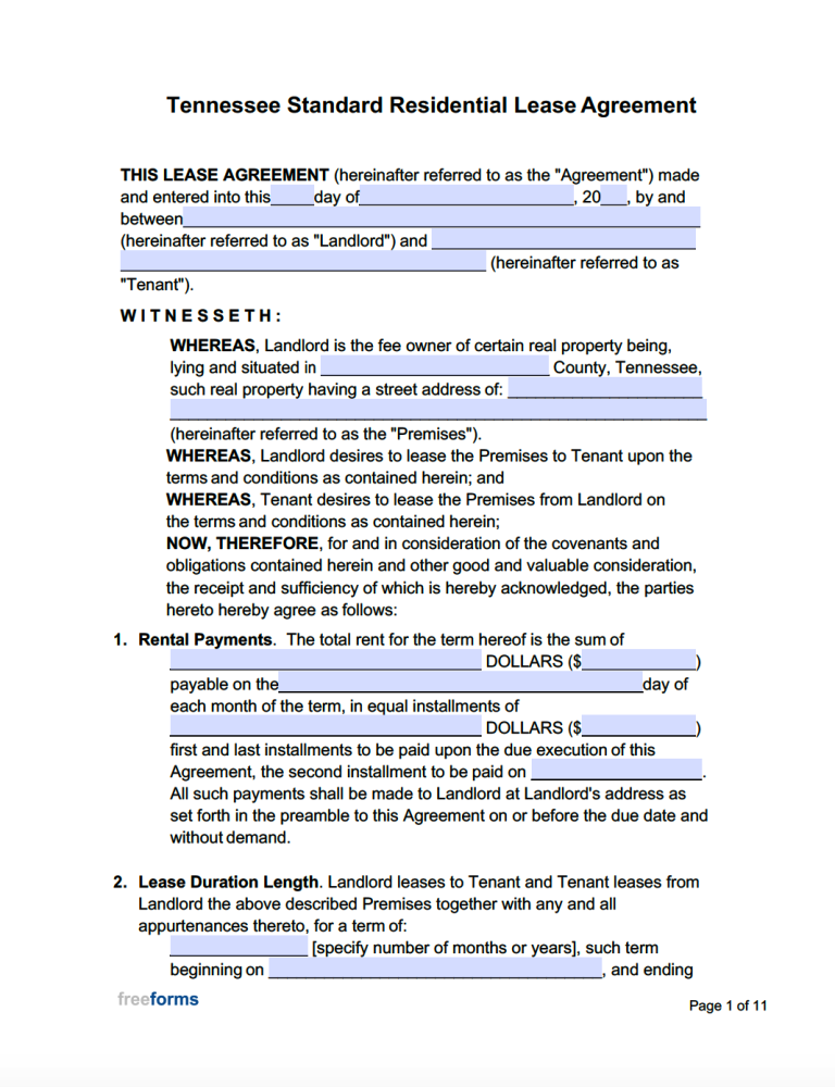 Free Tennessee Standard Residential Lease Agreement Template PDF WORD