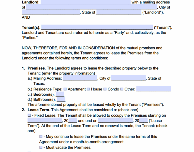 Free Texas Standard Residential Lease Agreement Template PDF WORD