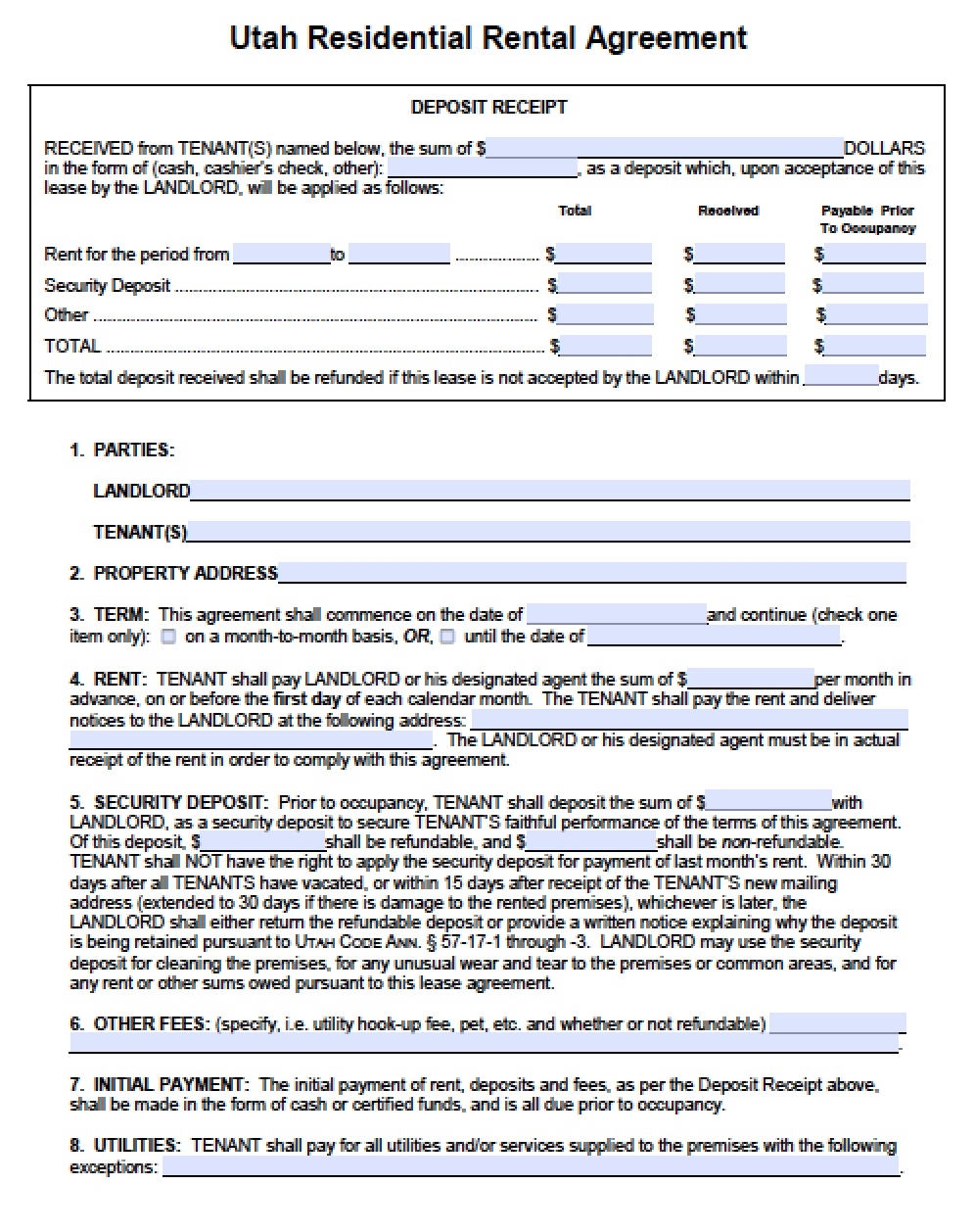 Free Utah Standard Residential Lease Agreement Template PDF Word