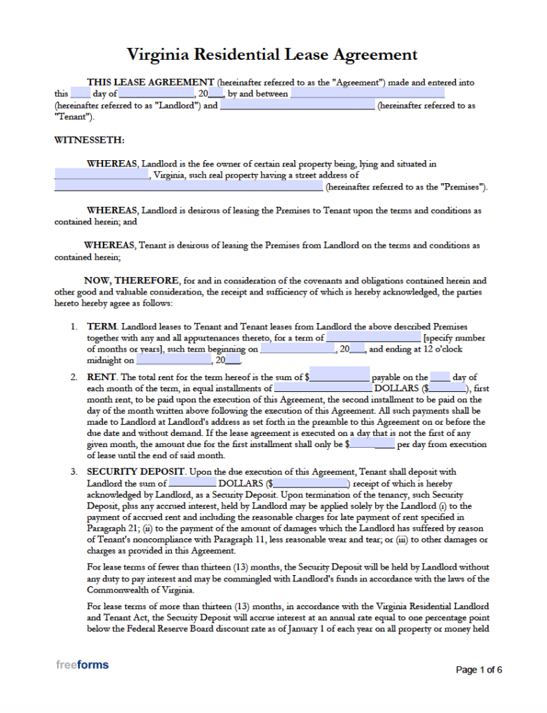 Free Virginia Rental Lease Agreement Templates PDF WORD