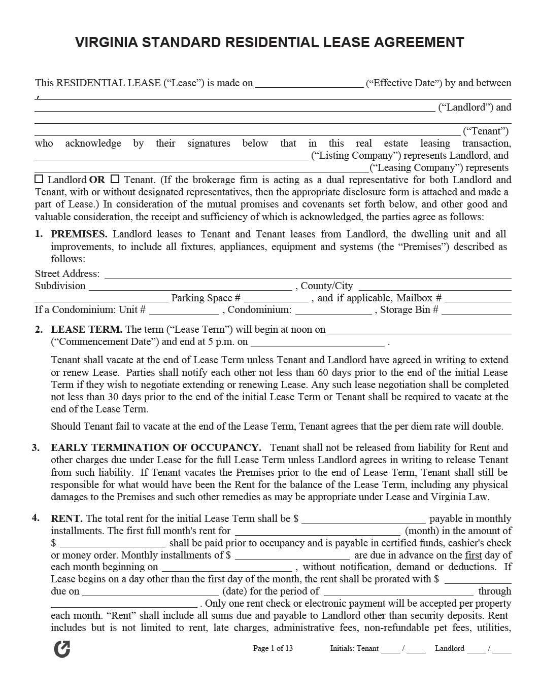 Free Virginia Standard Residential Lease Agreement PDF WORD