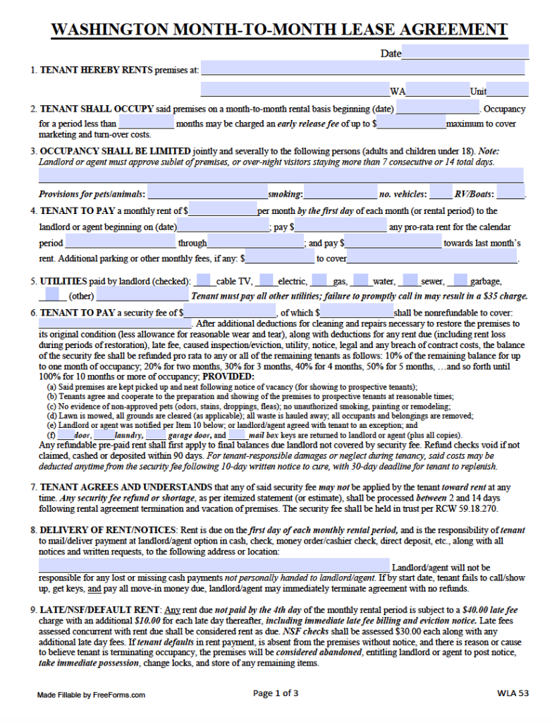 Free Washington Rental Lease Agreement Templates PDF WORD